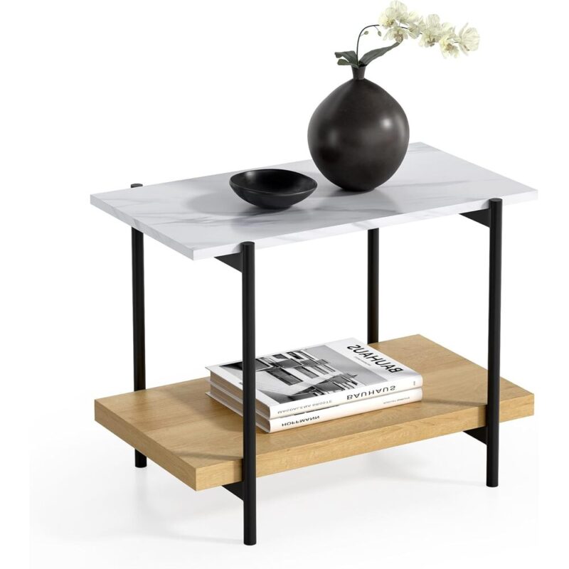 Sofa Side Table – Marble Top, Oak Shelf