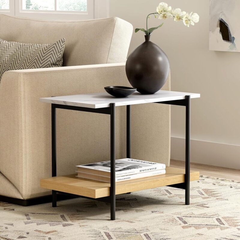 Sofa Side Table – Marble Top, Oak Shelf