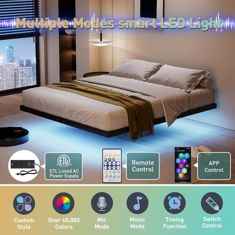 Sleek Bed Frame - Floating Design with LED & USB
