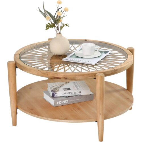 Rattan Coffee Table – Glass Top & Shelf